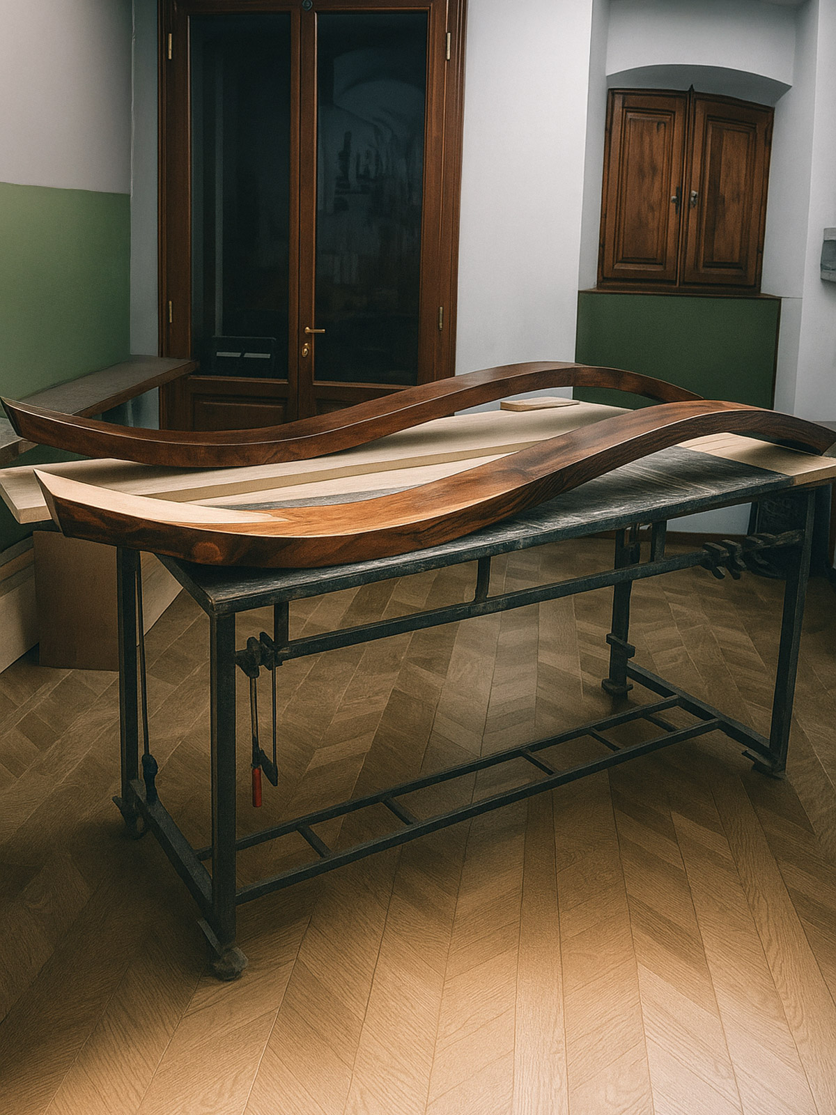 Mensole curve in legno scuro realizzate su misura, fissate a parete in un appartamento di design zona Parco Giotto ad Arezzo – Bastanzetti Design