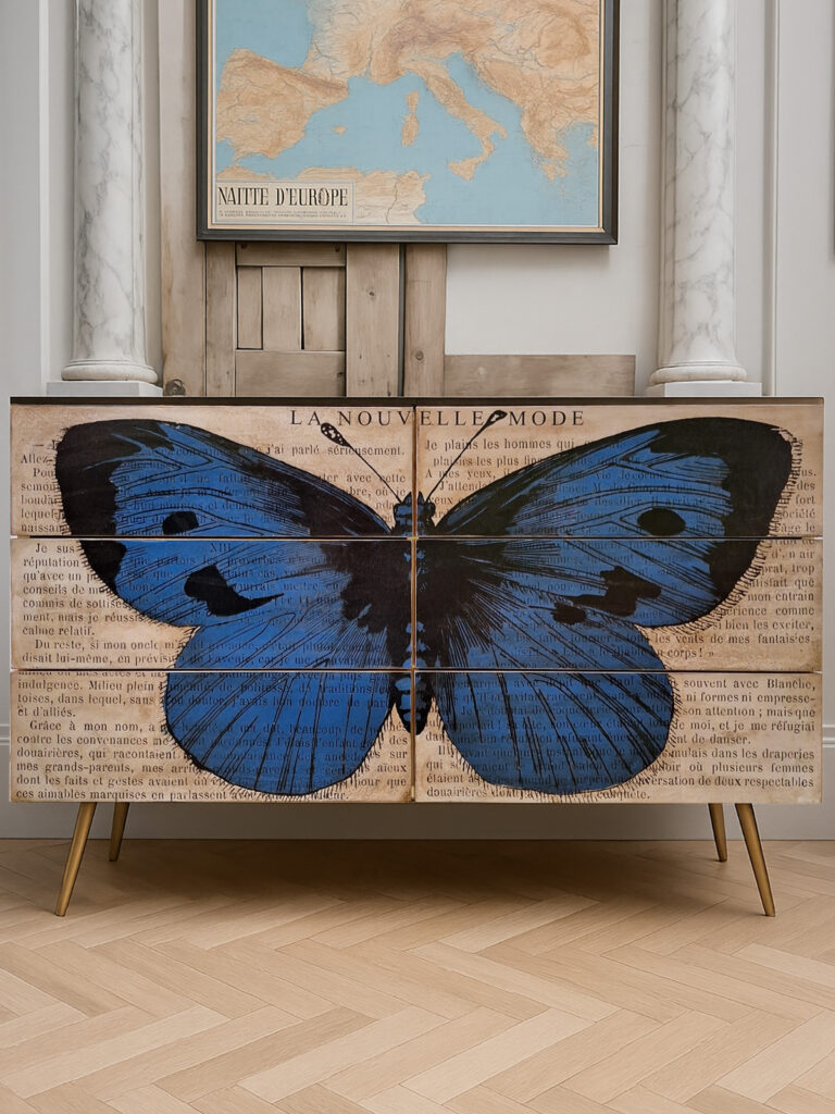 Cassettiera decorata artigianale in legno di noce con decorazione a farfalla blu, inserti in ottone e piano in specchio nero