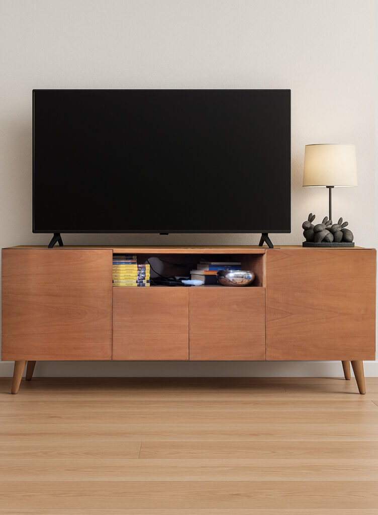 Mobile TV in legno su misura con ante lisce e piedini inclinati, stile moderno artigianale