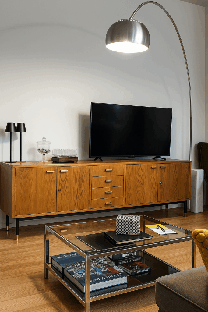 Sideboard su misura stile anni ’50 in legno con inserti in ottone e gambe in ferro nero – arredo buffet & consolle artigianale ad Arezzo