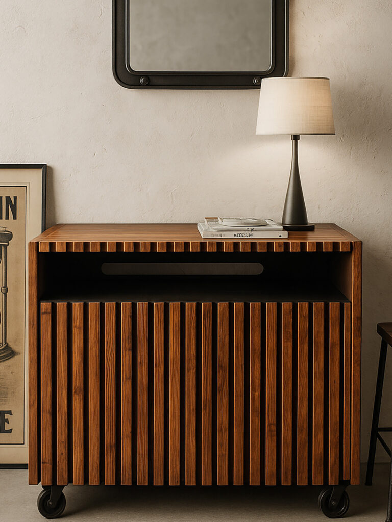 Consolle da ingresso su misura ad Arezzo con decoro in legno 3D, pannello nero opaco e ruote in ferro anticato – arredo buffet & consolle artigianale