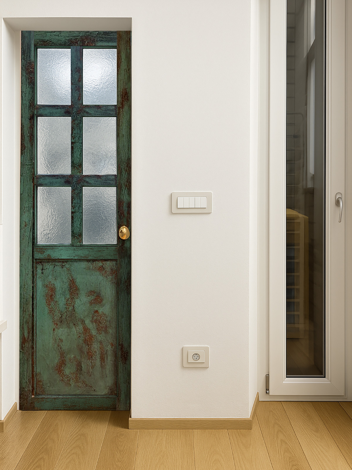 Porta a battente in legno e vetro con patina ruggine su metallo verde – porta artigianale per dispensa cucina ad Arezzo