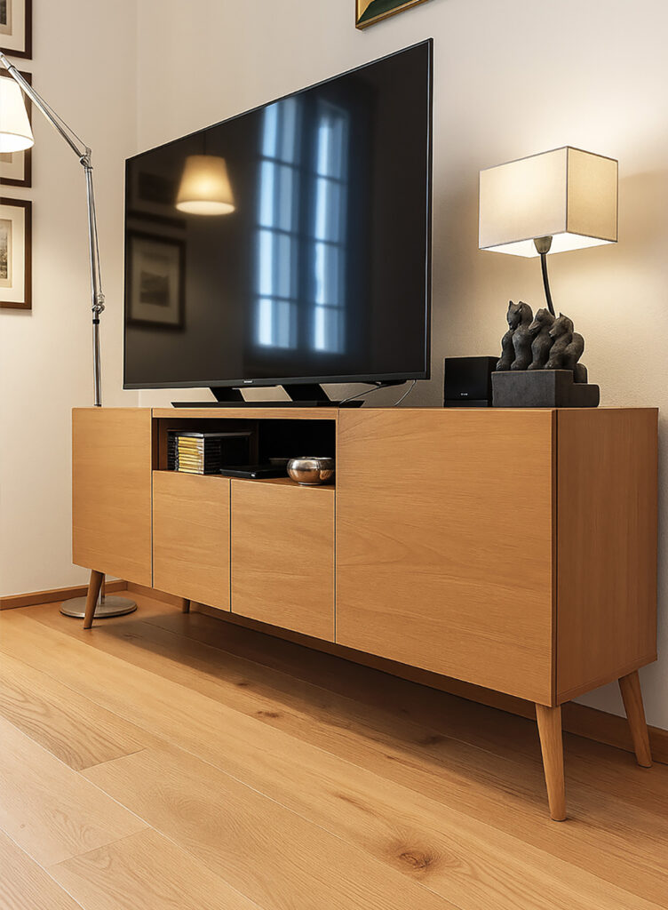 contenitore Mobile TV in legno su misura con ante lisce e piedini inclinati, stile moderno artigianale