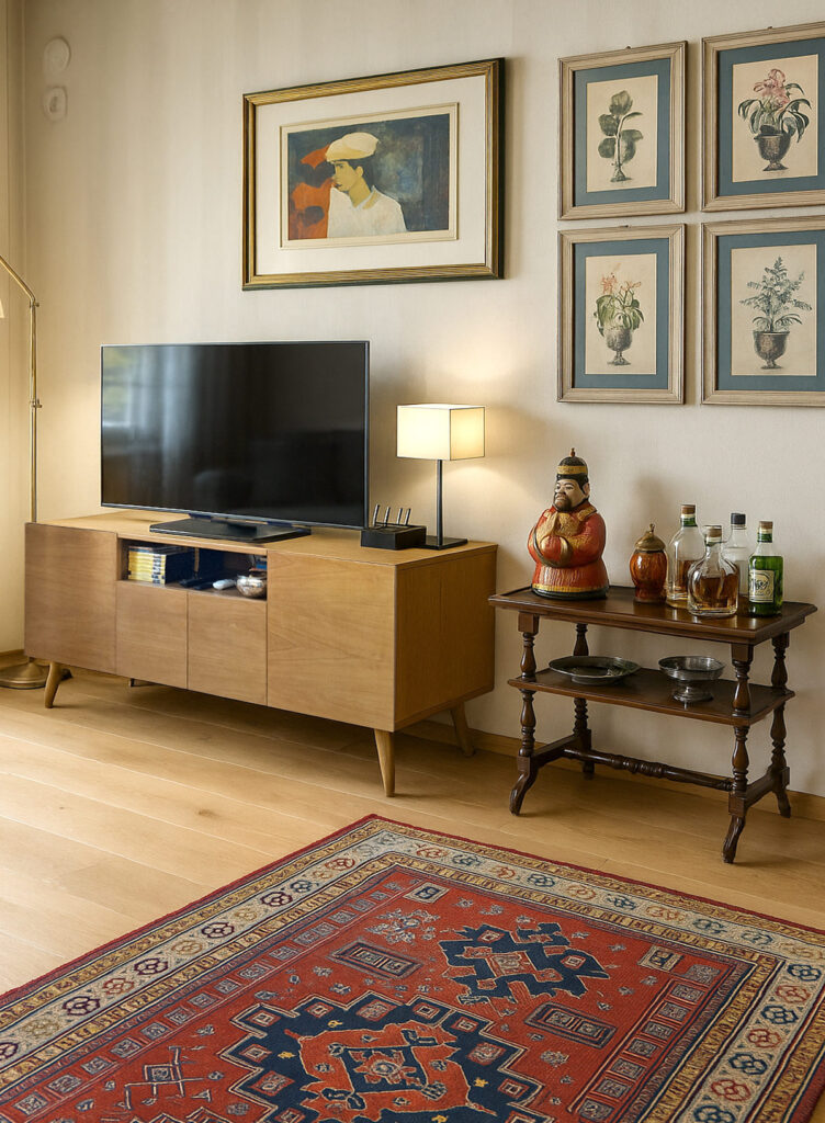 Mobile TV in legno su misura con ante lisce e piedini inclinati, stile moderno artigianale