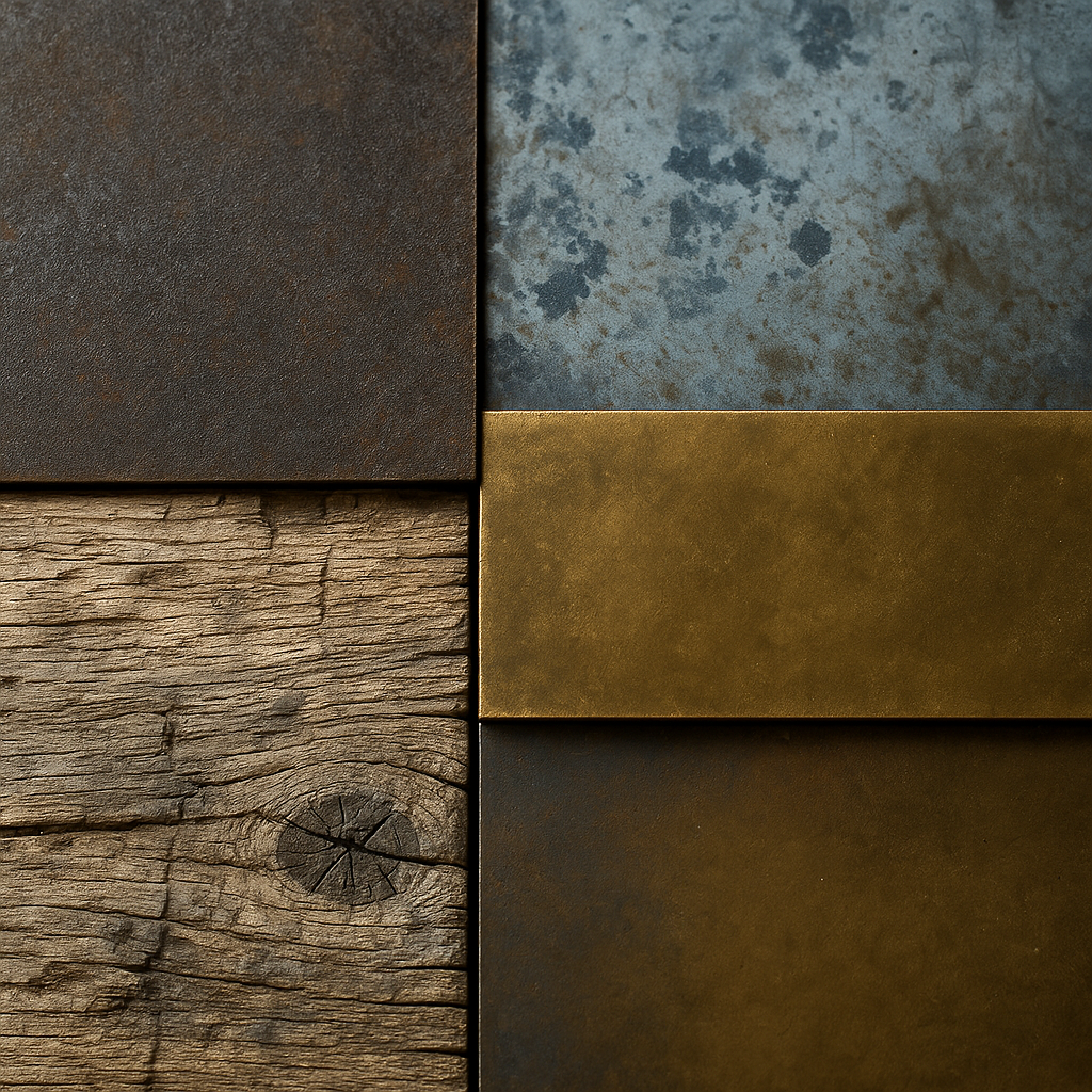 Campione materiali per arredamento: tessuto naturale, ferro scuro, legno grezzo, ottone lucido e specchio moderno