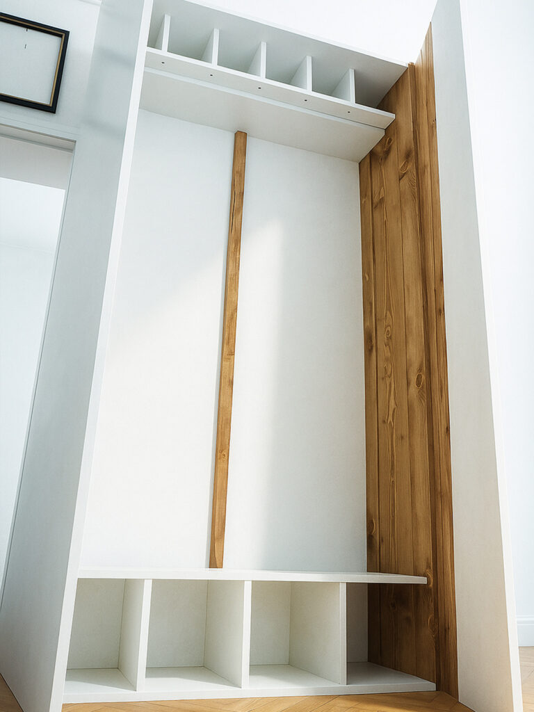 Guardaroba artigianale con ante bianche e legno noce, realizzato su misura per l’ingresso di una casa ad Arezzo, con appendiabiti e vani per scarpe