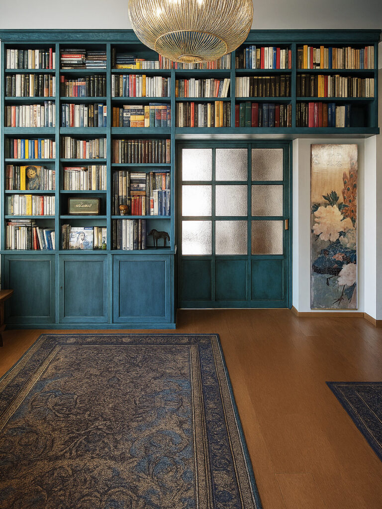 Libreria artigianale azzurra con ante invecchiate e vetrata interna in un salotto elegante