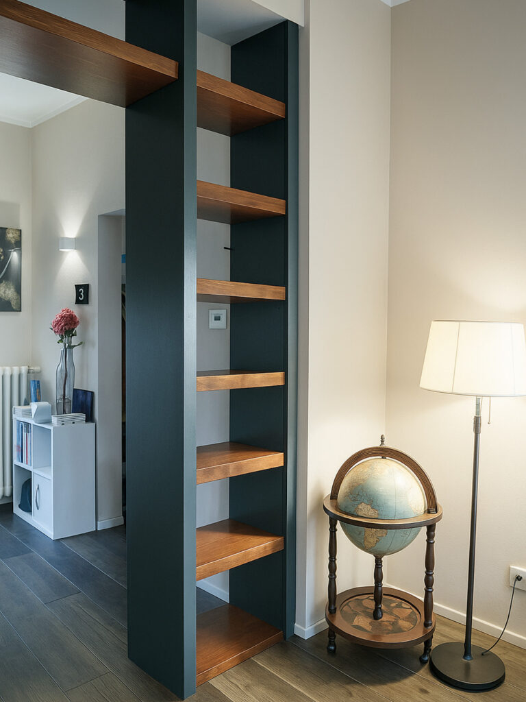 Libreria modulare su misura con sportelli push-pull e mensole in rovere