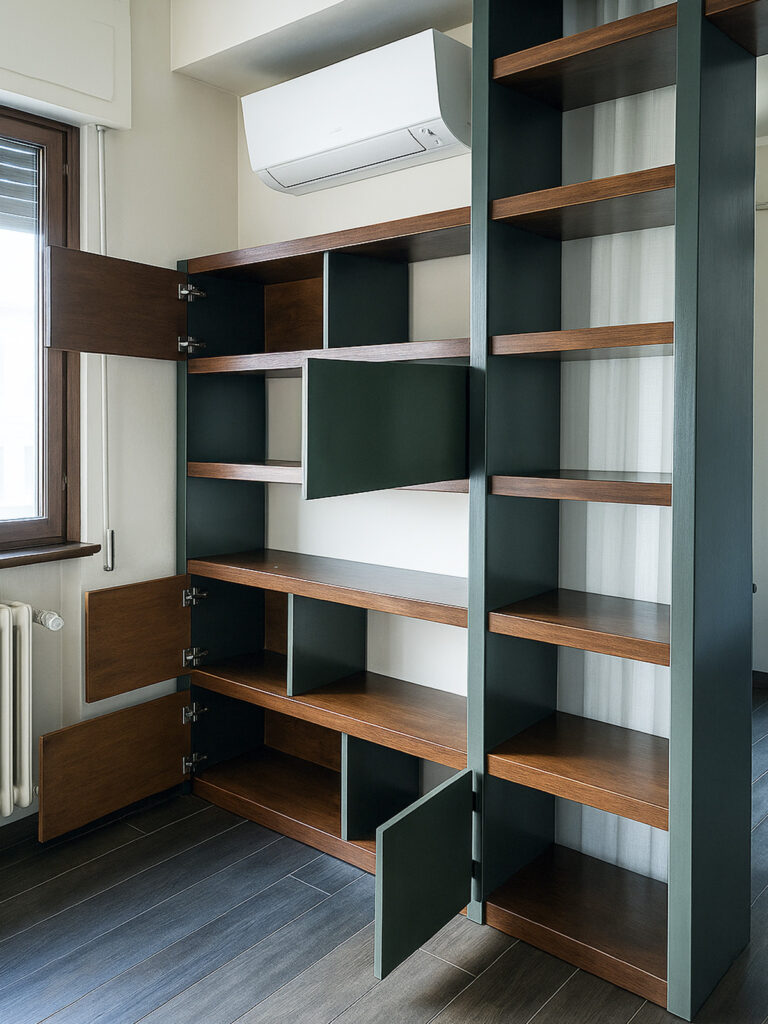 Libreria modulare su misura con sportelli push-pull e mensole in rovere