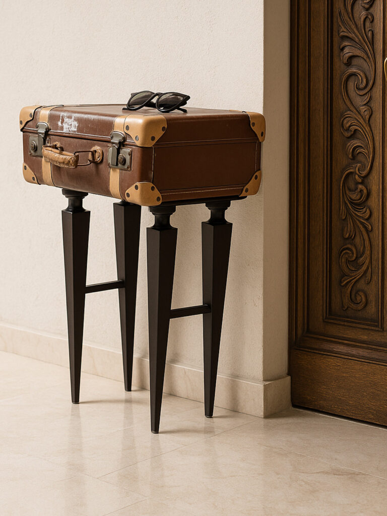 Il tavolino con valigia vintage: un vecchio bagaglio restaurato e trasformato in tavolo d’ingresso, con gambe realizzate a mano